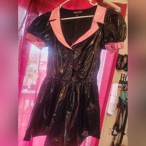 Doll Kills Black and Pink Vinyl Dress New With Tags 16 Ptp
